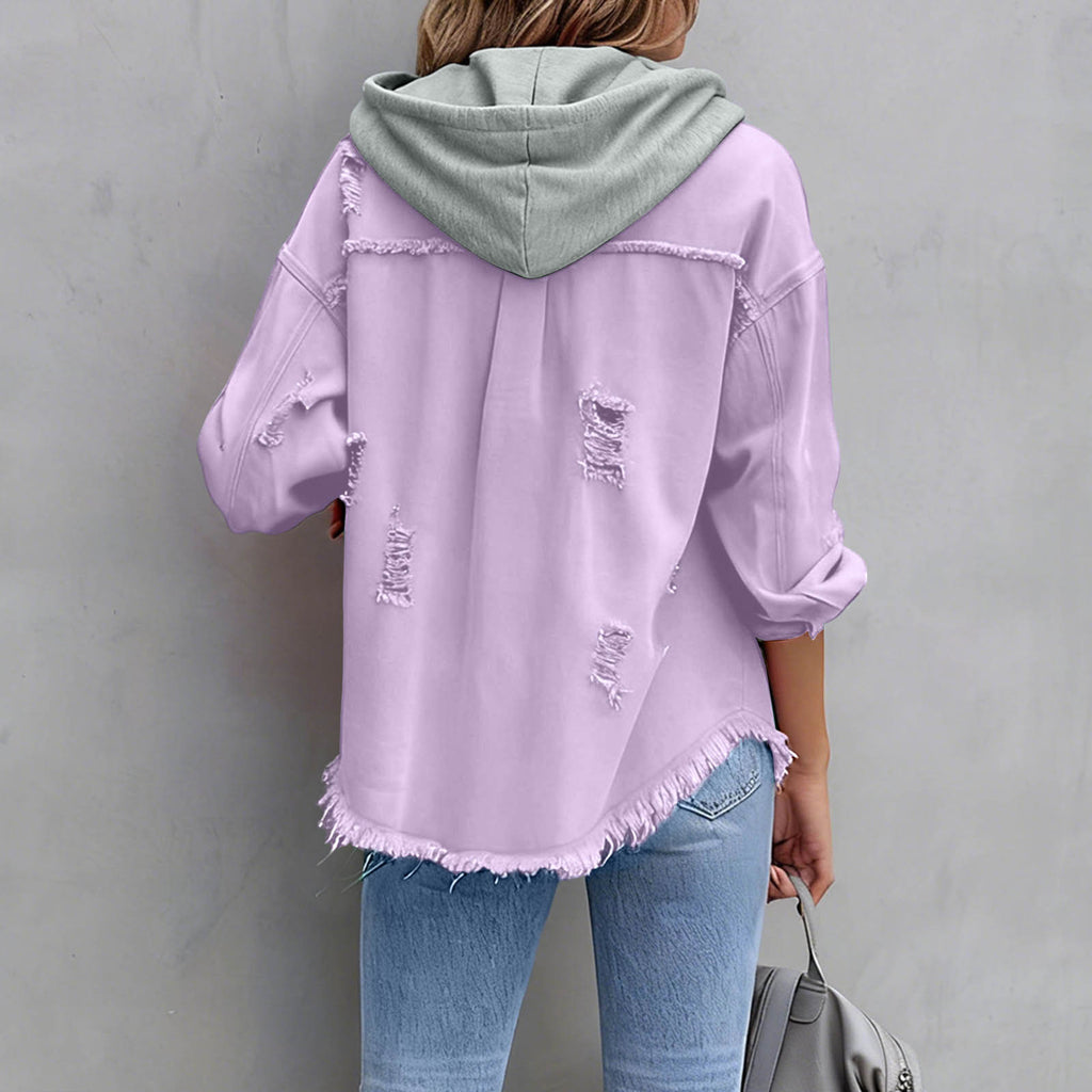 Womens Solid-Color Loose Denim Hooded Jacket