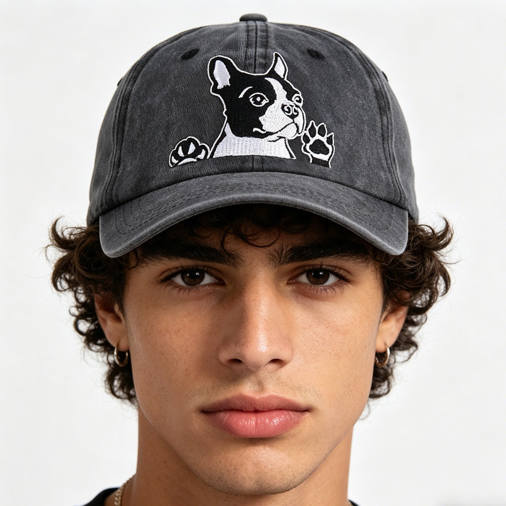 2pcs Boston Terrier Dog Embroidered Baseball Cap - Vintage Washed Cotton Hat, Adjustable Unstructured Low Profile, Cute Pet Cap For Men Women