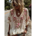 Womens V neck 3D printed Short sleeve Top With An Elegant  Artistic  And Vintage Vibe