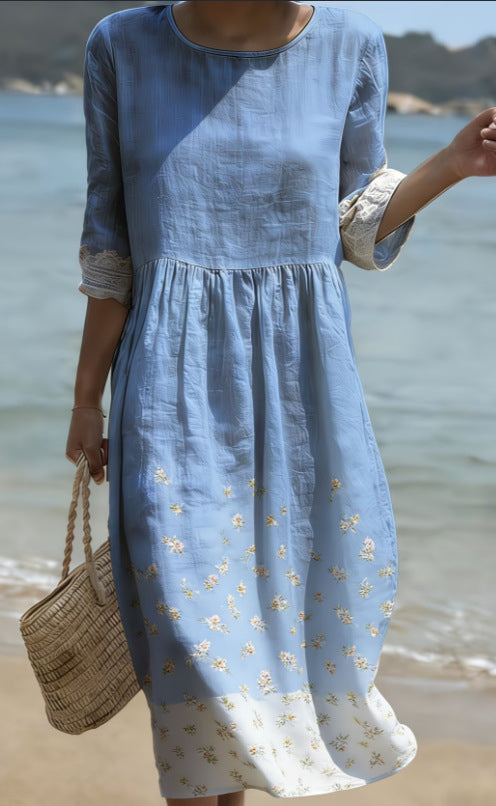 Women's Plant And Flower Print Round Neck Linen Blend Mid-Length Dress