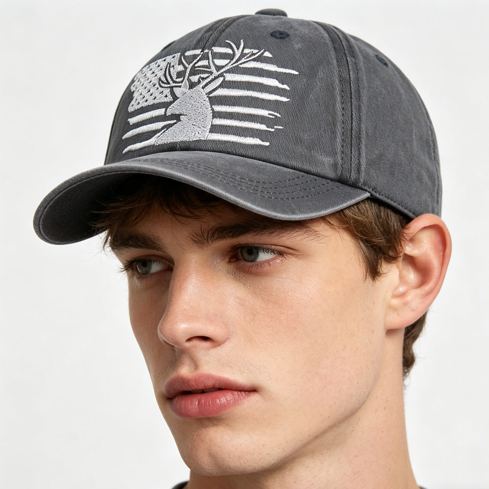 2pcs American Flag Deer Embroidered Baseball Cap - Vintage Washed Cotton Hat, Adjustable Unstructured Low Profile, Hunting Outdoor Cap For Men Women