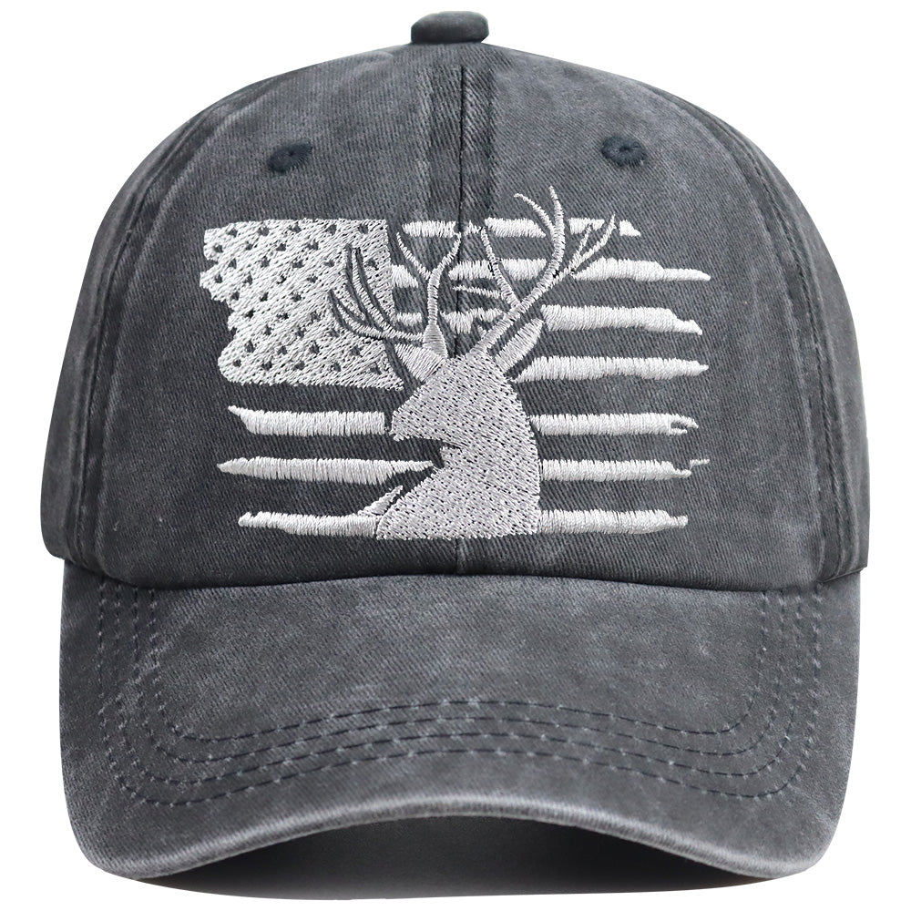 2pcs American Flag Deer Embroidered Baseball Cap - Vintage Washed Cotton Hat, Adjustable Unstructured Low Profile, Hunting Outdoor Cap For Men Women