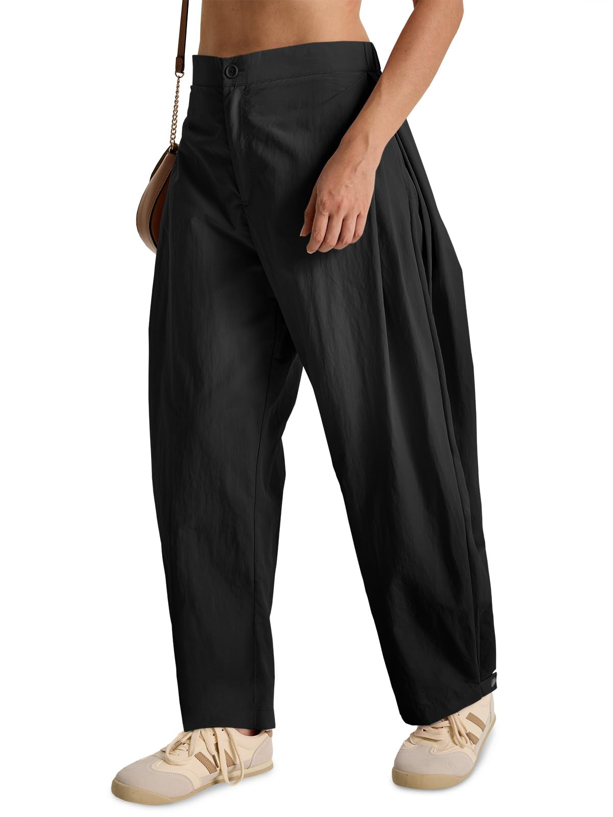 Fisoew Barrel Pants Women Casual Wide Leg Baggy Pants Side Pleated Horseshoe Style Trousers With Pockets