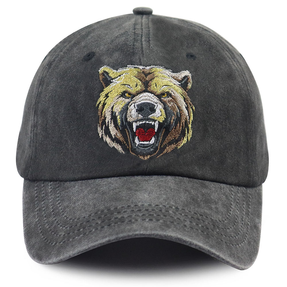 2pcs Roaring Grizzly Bear Embroidered Hat - Vintage Washed Cotton Baseball Cap For Men Women, Adjustable Unstructured Low Profile