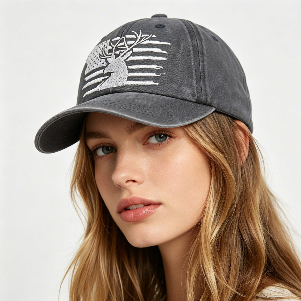 2pcs American Flag Deer Embroidered Baseball Cap - Vintage Washed Cotton Hat, Adjustable Unstructured Low Profile, Hunting Outdoor Cap For Men Women