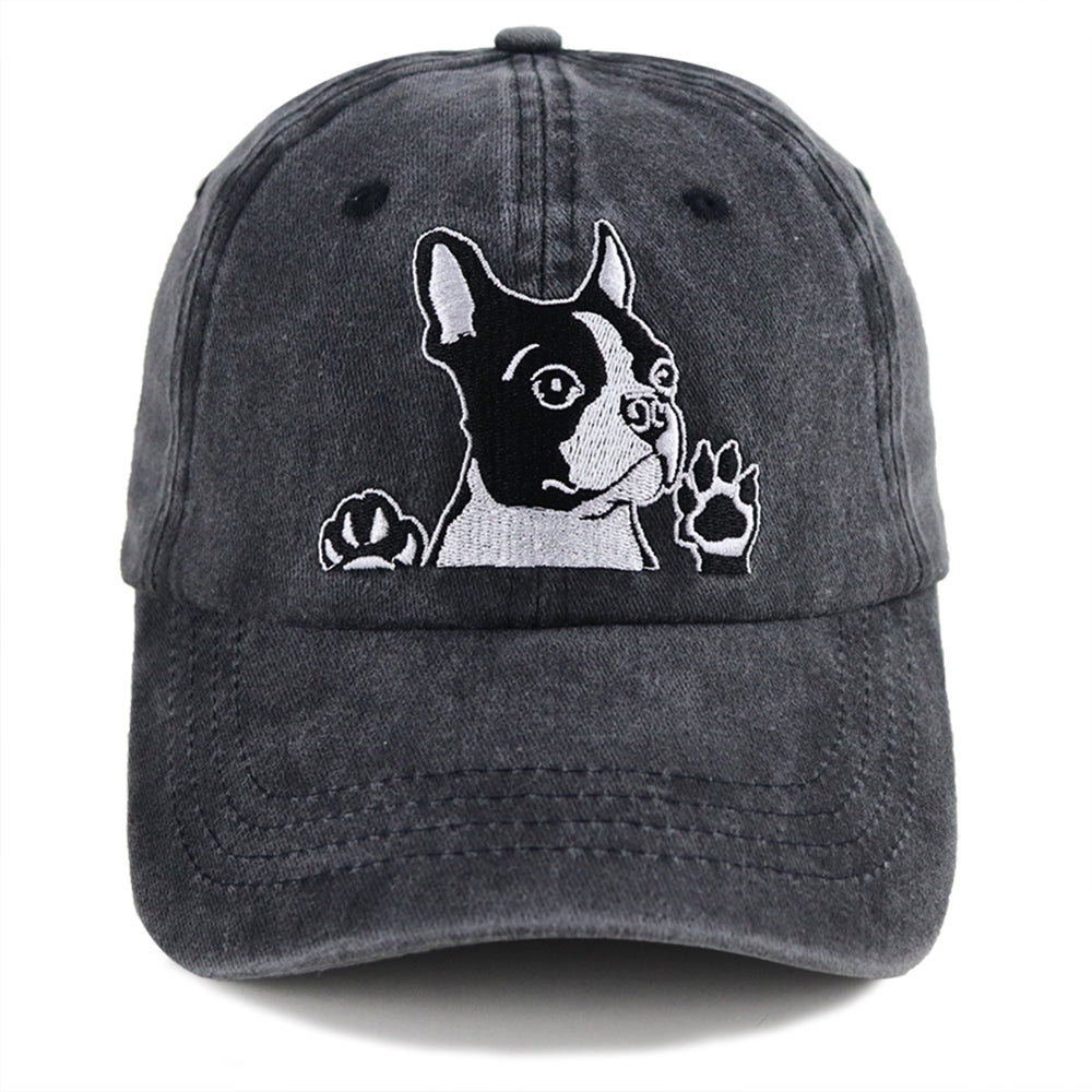 2pcs Boston Terrier Dog Embroidered Baseball Cap - Vintage Washed Cotton Hat, Adjustable Unstructured Low Profile, Cute Pet Cap For Men Women
