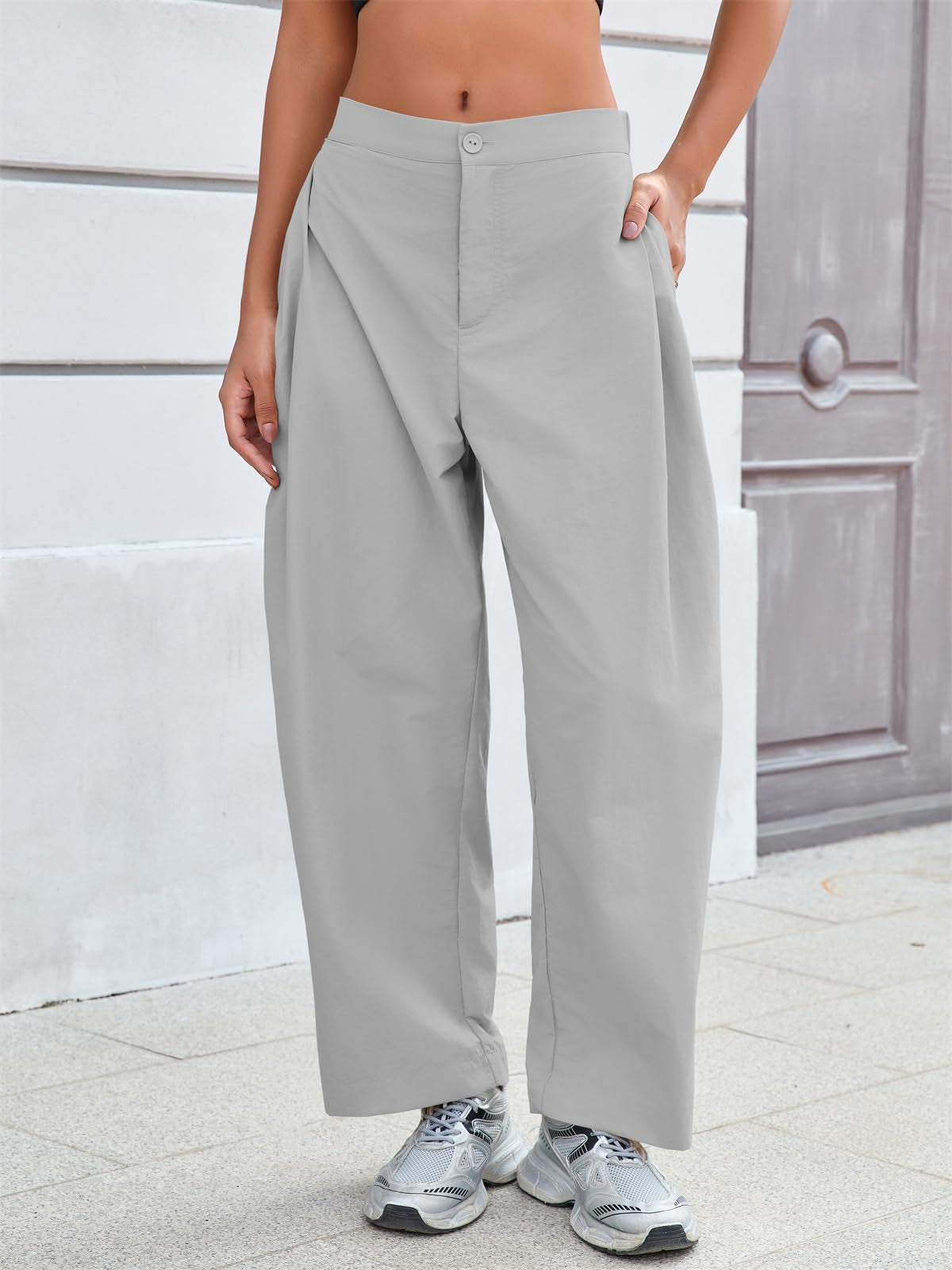 Fisoew Barrel Pants Women Casual Wide Leg Baggy Pants Side Pleated Horseshoe Style Trousers With Pockets