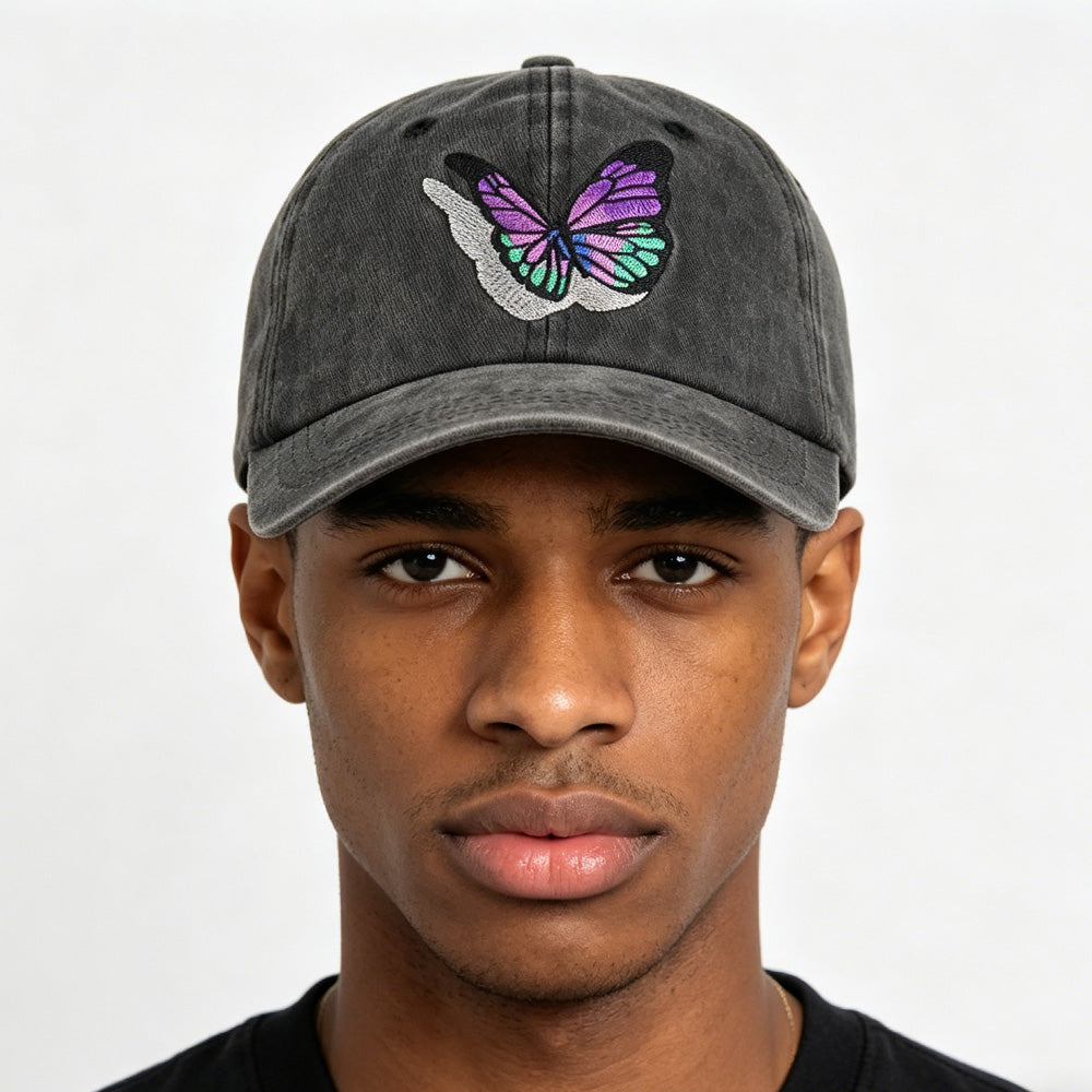 2pcs Vintage Washed Cotton Baseball Cap For Women Men, Cute Butterfly Embroidered Low Profile Hat, Adjustable Unstructured Trucker Cap For Outdoor Travel