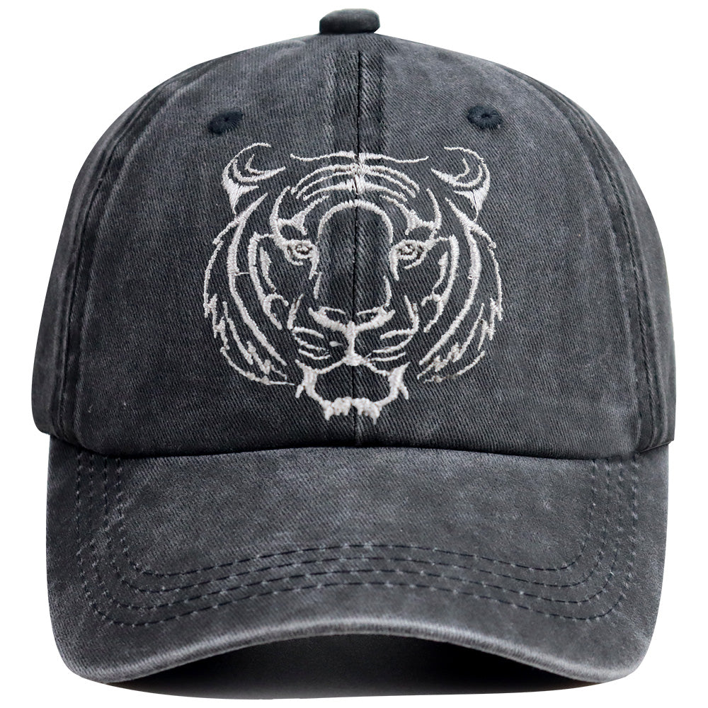 2pcs Tiger Head Embroidered Baseball Cap - Vintage Washed Cotton Hat, Adjustable Unstructured Low Profile, Wildlife Animal Cap For Men Women