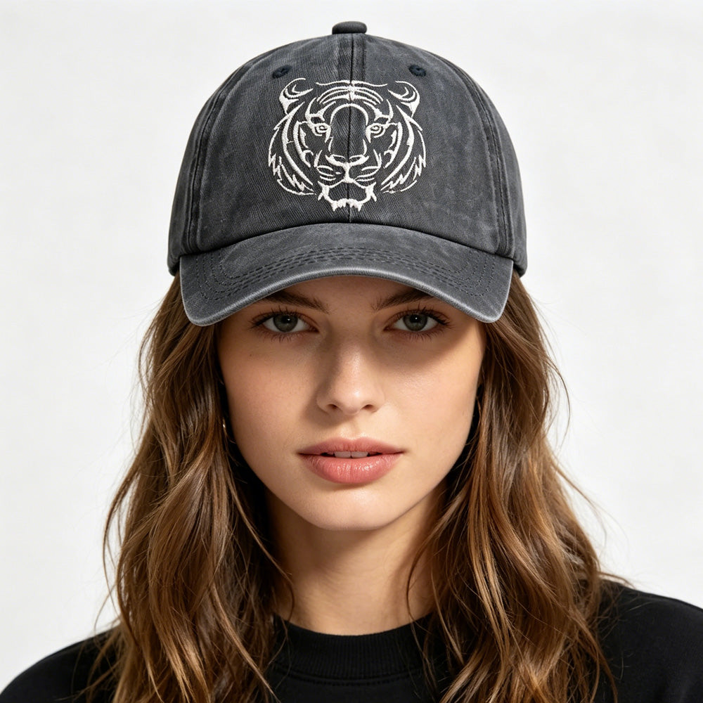 2pcs Tiger Head Embroidered Baseball Cap - Vintage Washed Cotton Hat, Adjustable Unstructured Low Profile, Wildlife Animal Cap For Men Women